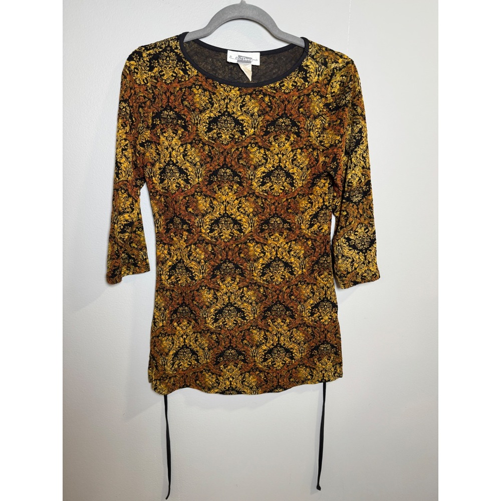 E.K. Designs Women Gold Black‎ Baroque 3/4 Sleeve Tunic Top Side Ties Small
